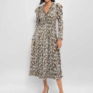Hyacinth House Renee Ruffle Midi Dress Size XL Olive Floral Smocked Waist Tiered